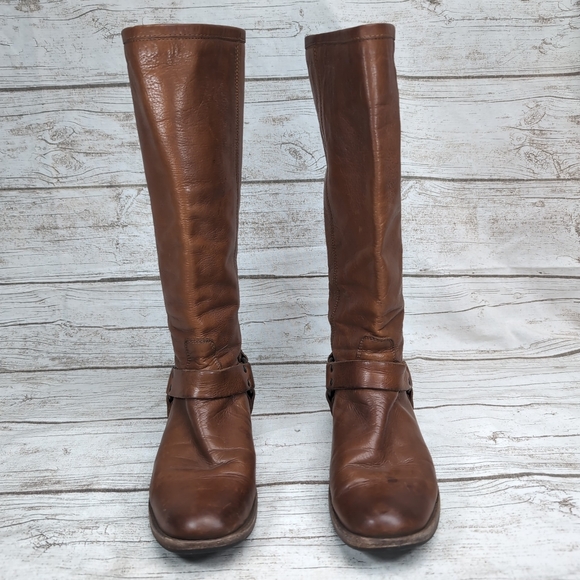 Frye Phillip Harness Boots Cognac Leather Women Size 9 - Picture 2 of 16